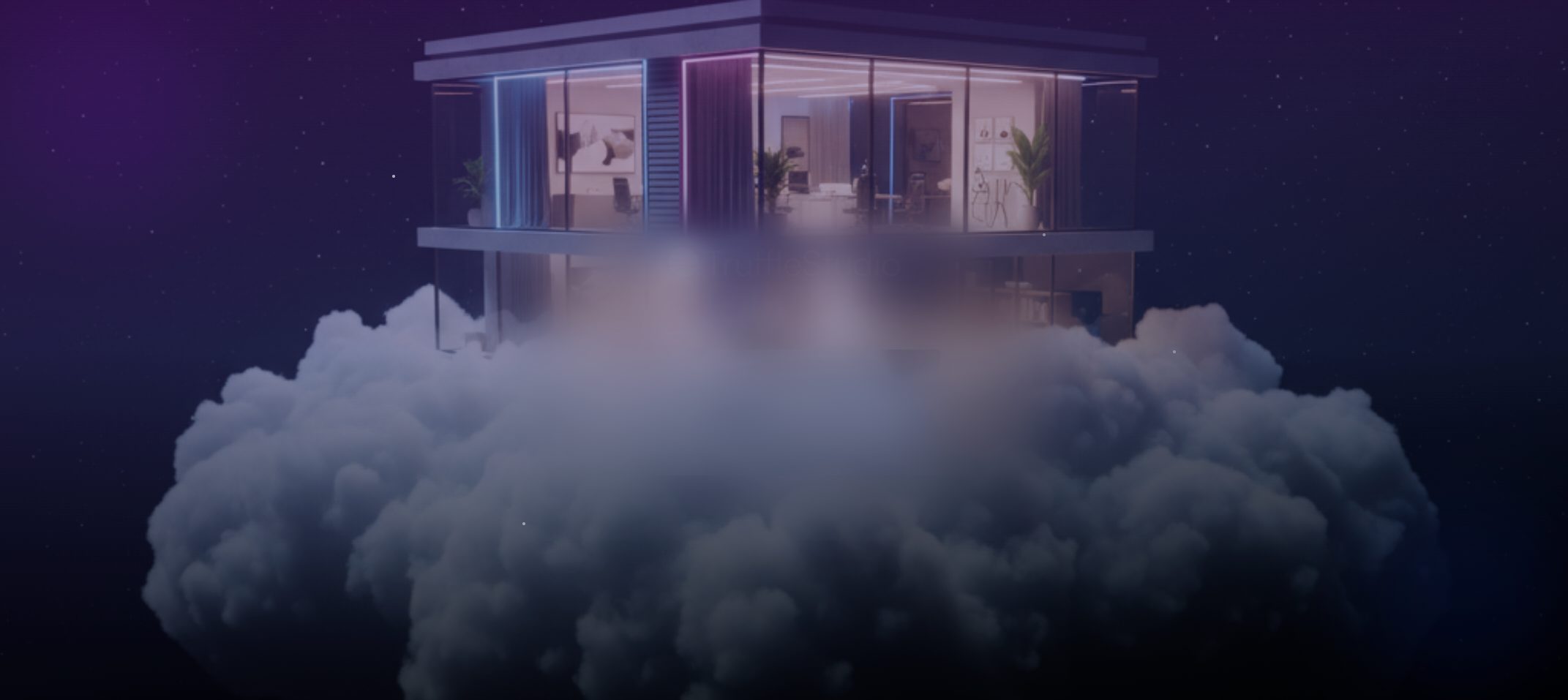Truffle Studio — a glass studio floating on clouds in a cosmic night sky