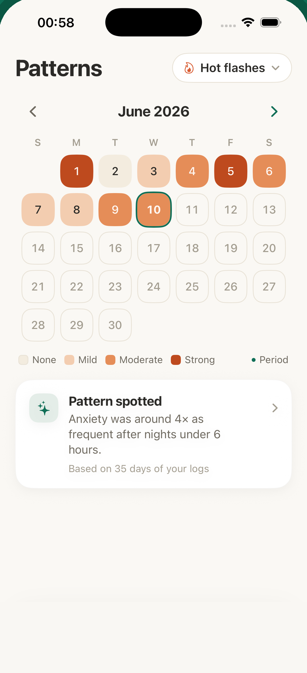 Senara app — pattern calendar screen